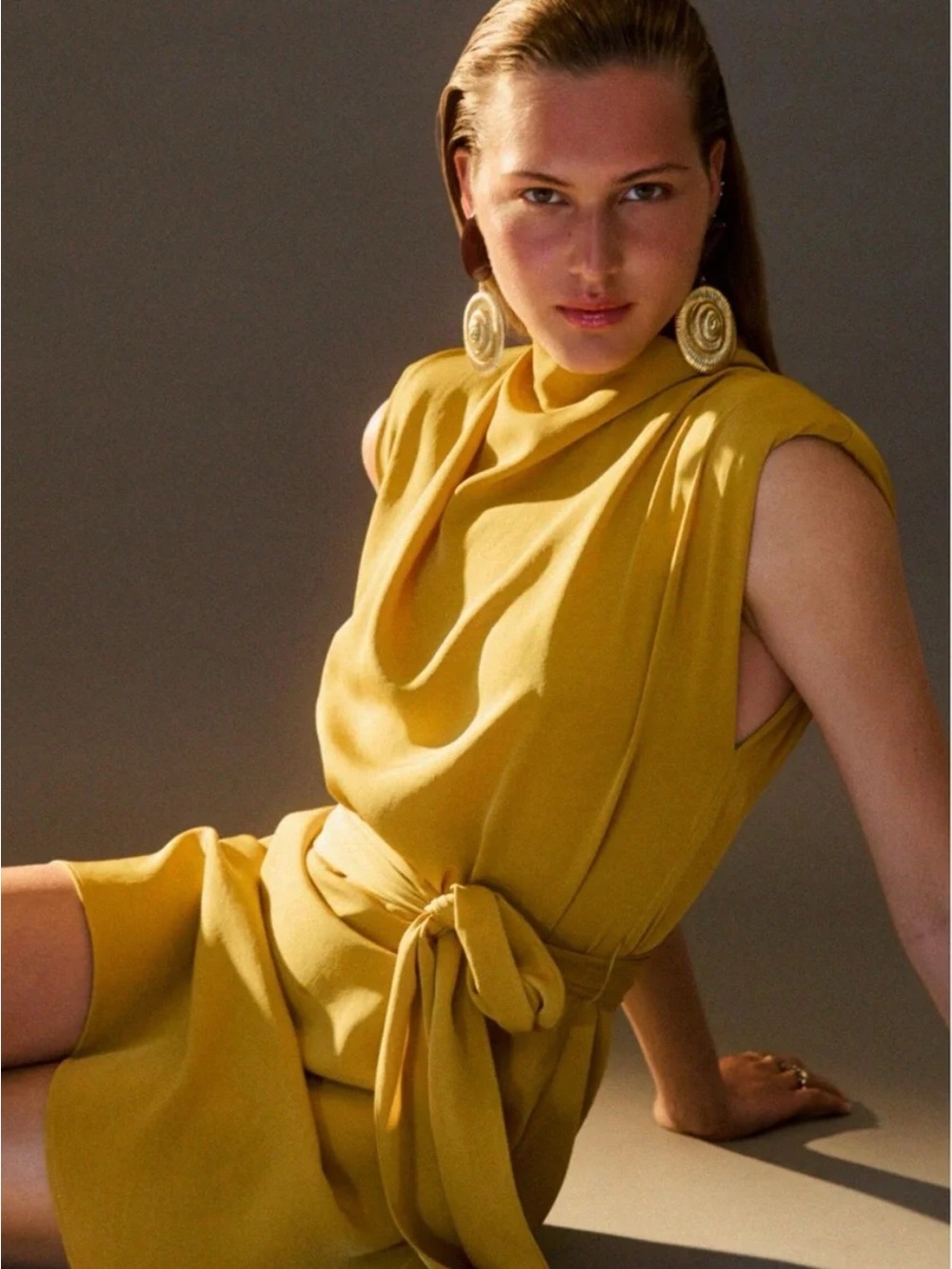 Zara Sleeveless Cowl-Neck Belted Dress in Mustard